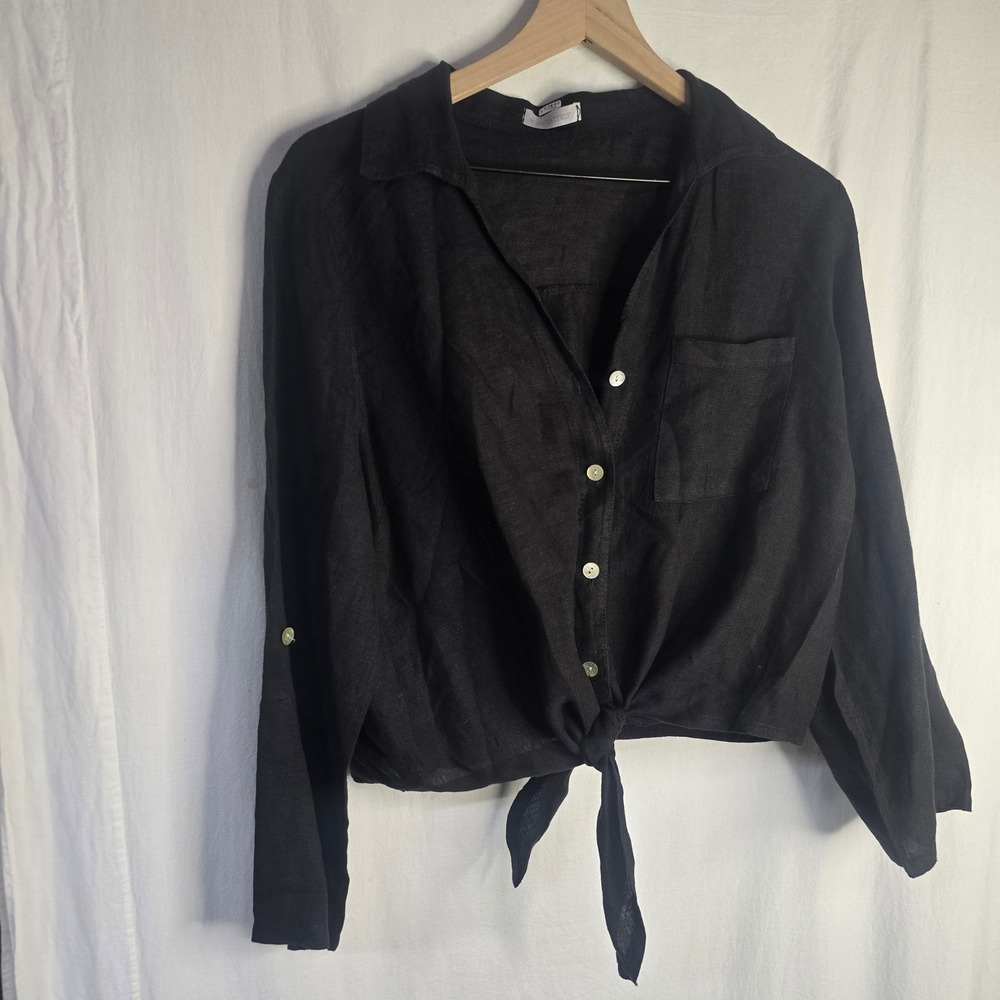 Made in Italy Tie Front Linen Blouse Womens One Size Black Roll Tab Coastal Boho